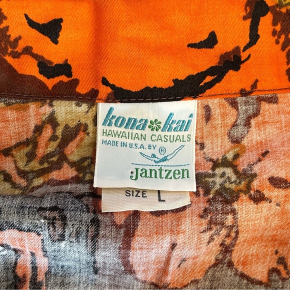 80s Hawaiian Tropical Button Up Aloha Shirt Flower Tribal Vintage Orange Large - Picture 6 of 7